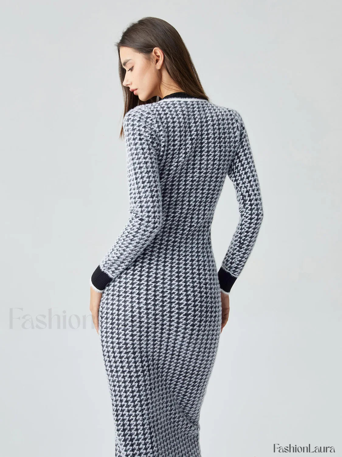 Contrast Trim Herringbone Trendy Bodycon Sweater Midi Dress