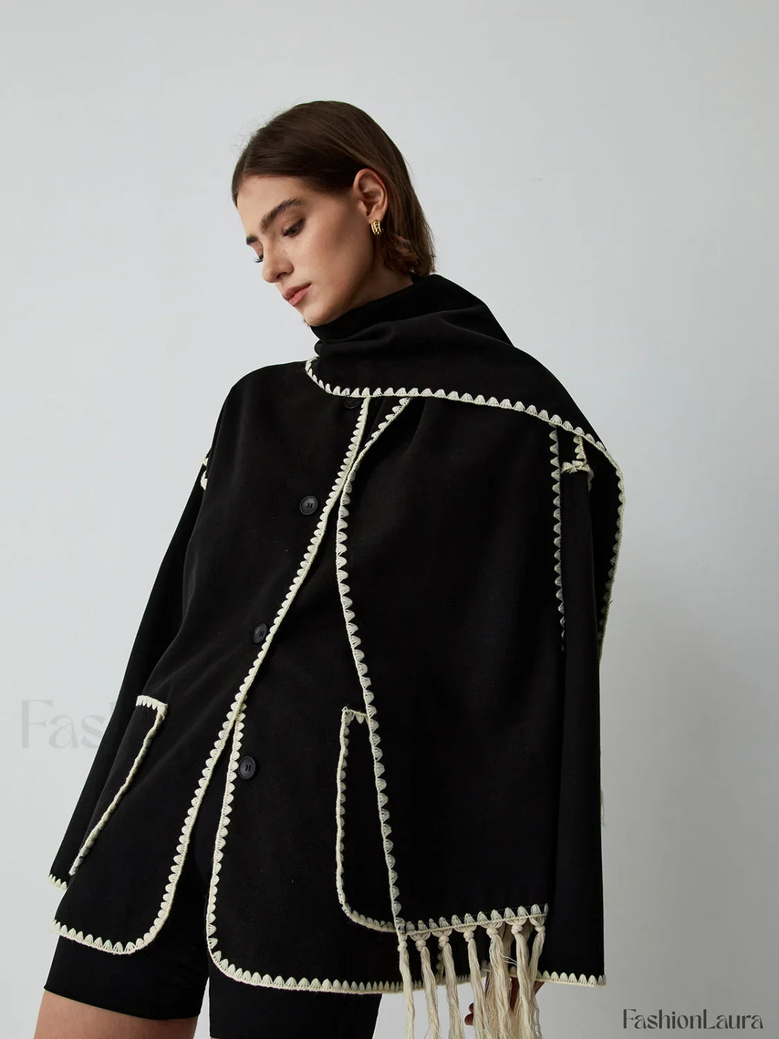 Contrast Trim Jacket Trendy With Matching Scarf