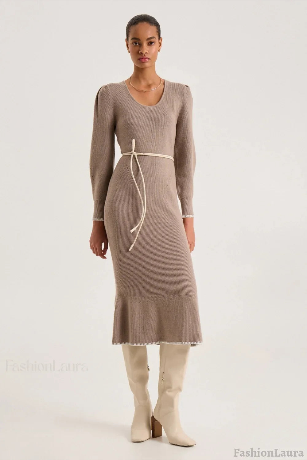 Contrast Trim Ruffle Sweater Dress