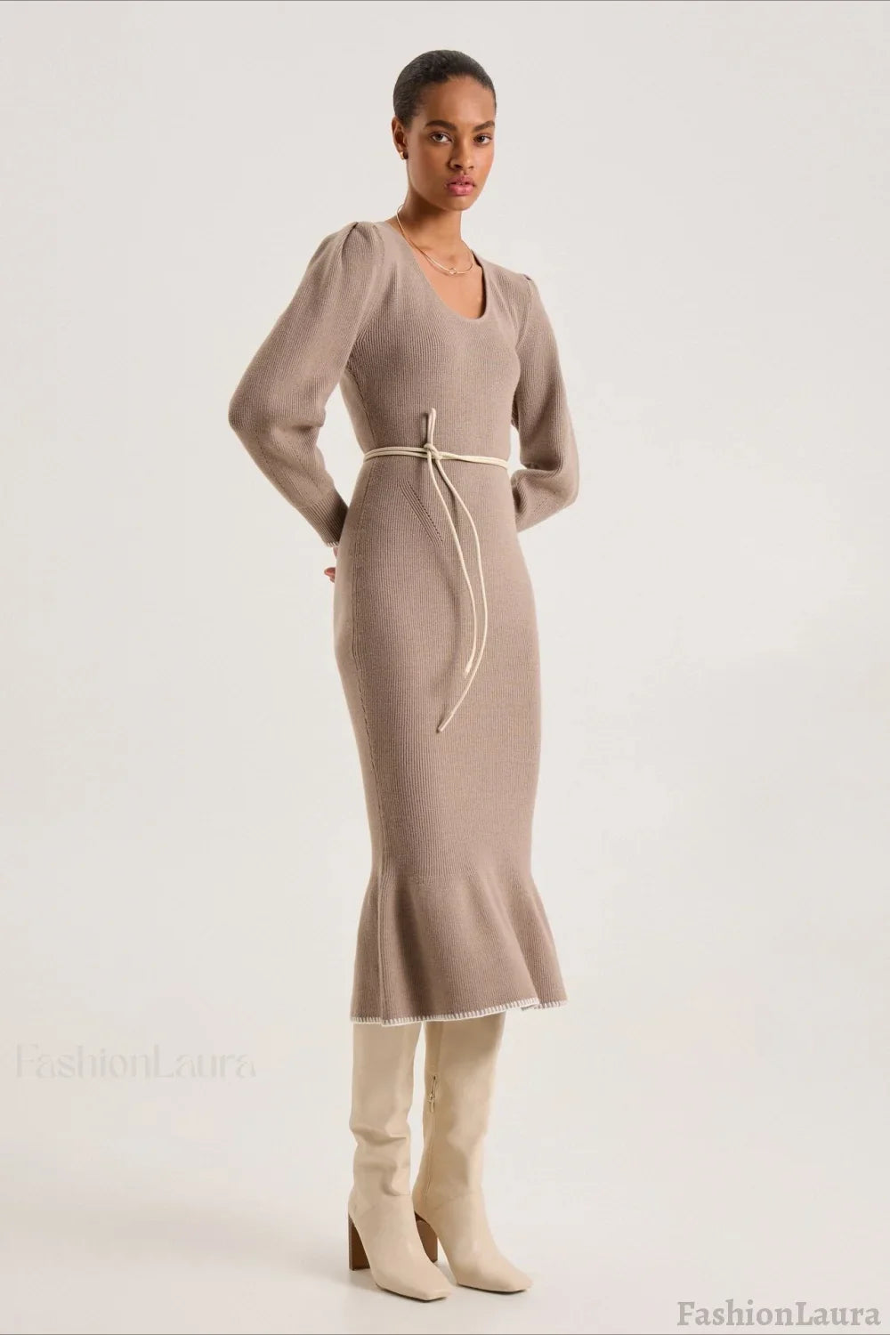 Contrast Trim Ruffle Sweater Dress S / Brown