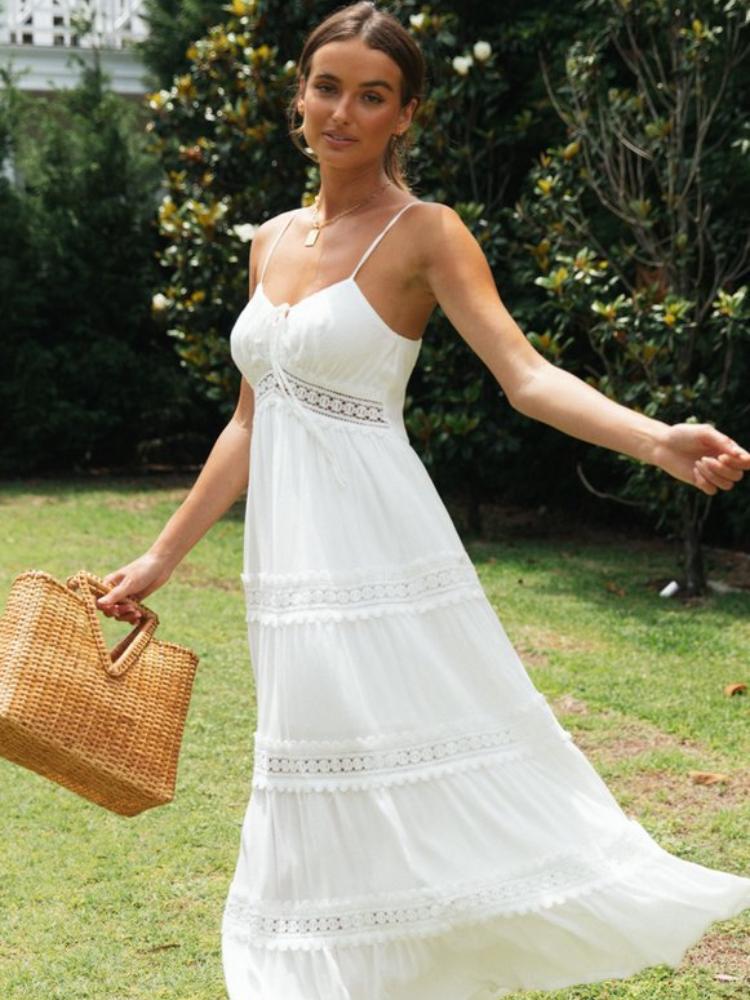 Spaghetti Strap Crochet Lace Tiered Maxi Dress Summer 3