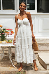 Spaghetti Strap Crochet Lace Tiered Maxi Dress Summer
