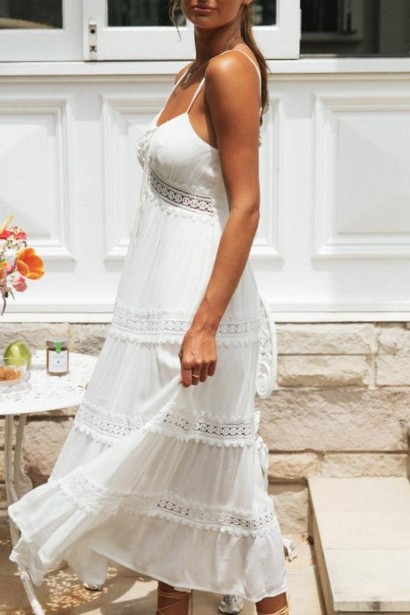 Spaghetti Strap Tie Front Lace Trim Tiered Maxi Summer Dress 4
