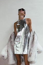 High Neck Sleeveless Metallic Shift Mini Dress