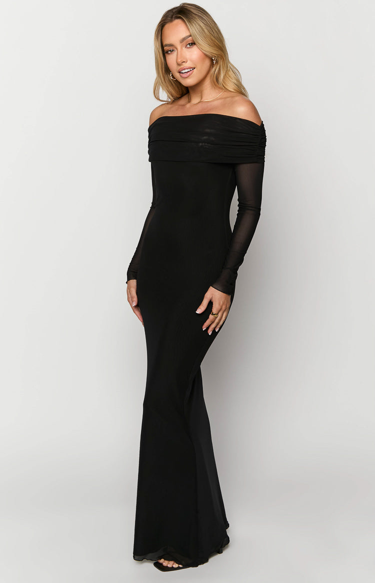 Mesh Off Shoulder Fold Over Long Sleeve Mermaid Maxi Dress 2