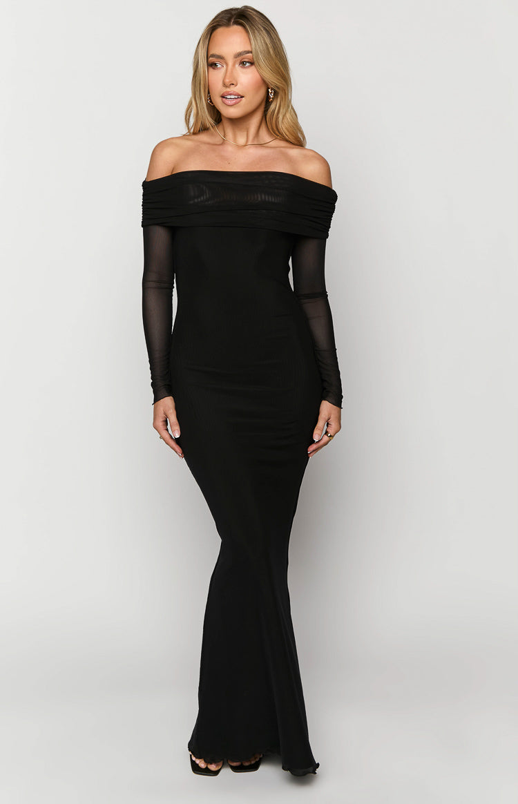 Mesh Off Shoulder Fold Over Long Sleeve Mermaid Maxi Dress 8