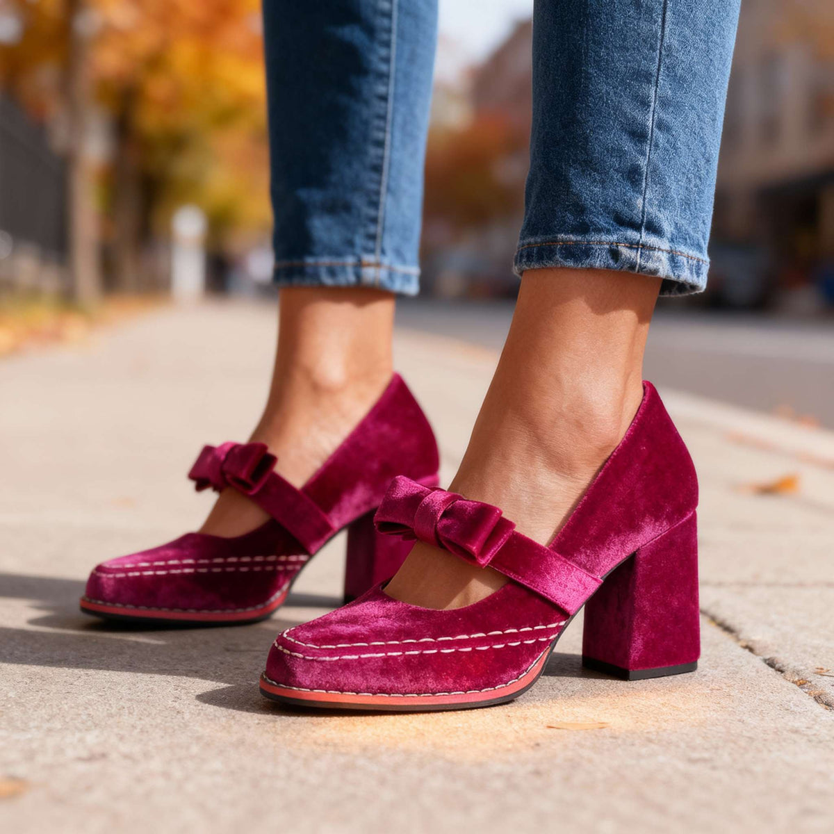 Velvet Square Toe Bow Strap Block Heel Mary Jane Pumps