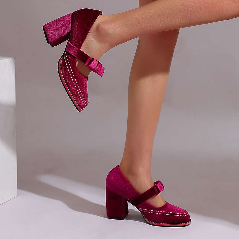 Velvet Square Toe Bow Strap Block Heel Mary Jane Pumps