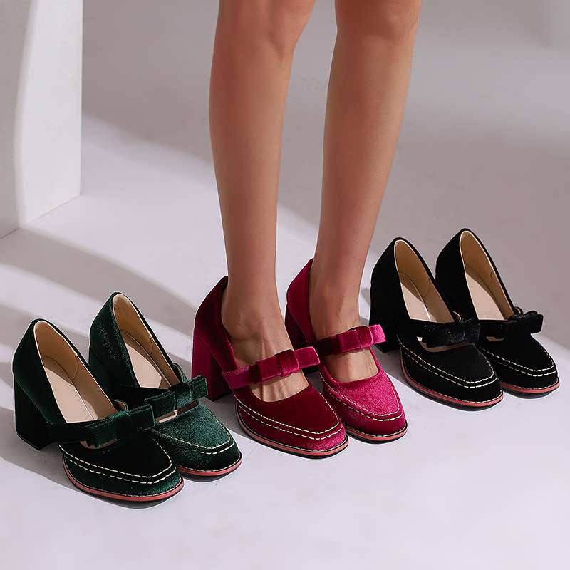 Velvet Square Toe Bow Strap Block Heel Mary Jane Pumps