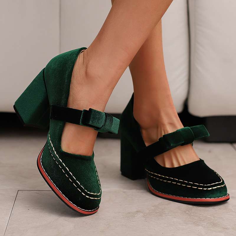 Velvet Square Toe Bow Strap Block Heel Mary Jane Pumps