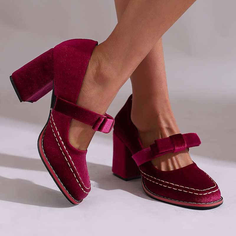 Velvet Square Toe Bow Strap Block Heel Mary Jane Pumps