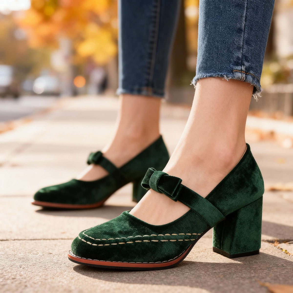Velvet Square Toe Bow Strap Block Heel Mary Jane Pumps
