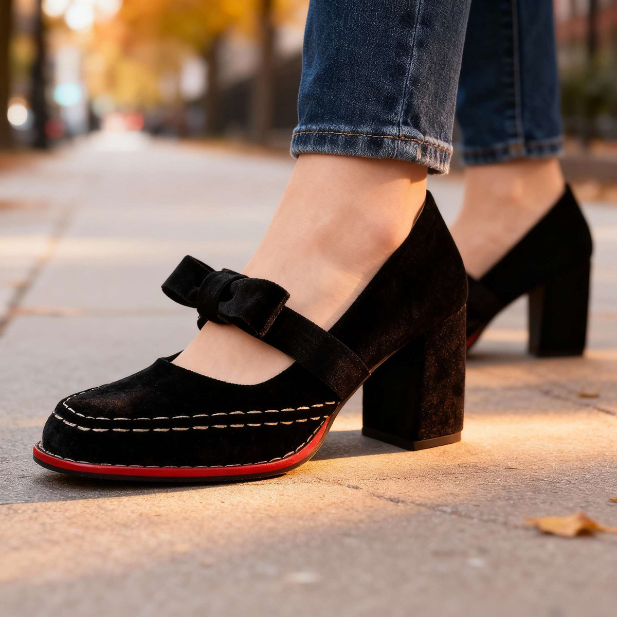 Velvet Square Toe Bow Strap Block Heel Mary Jane Pumps