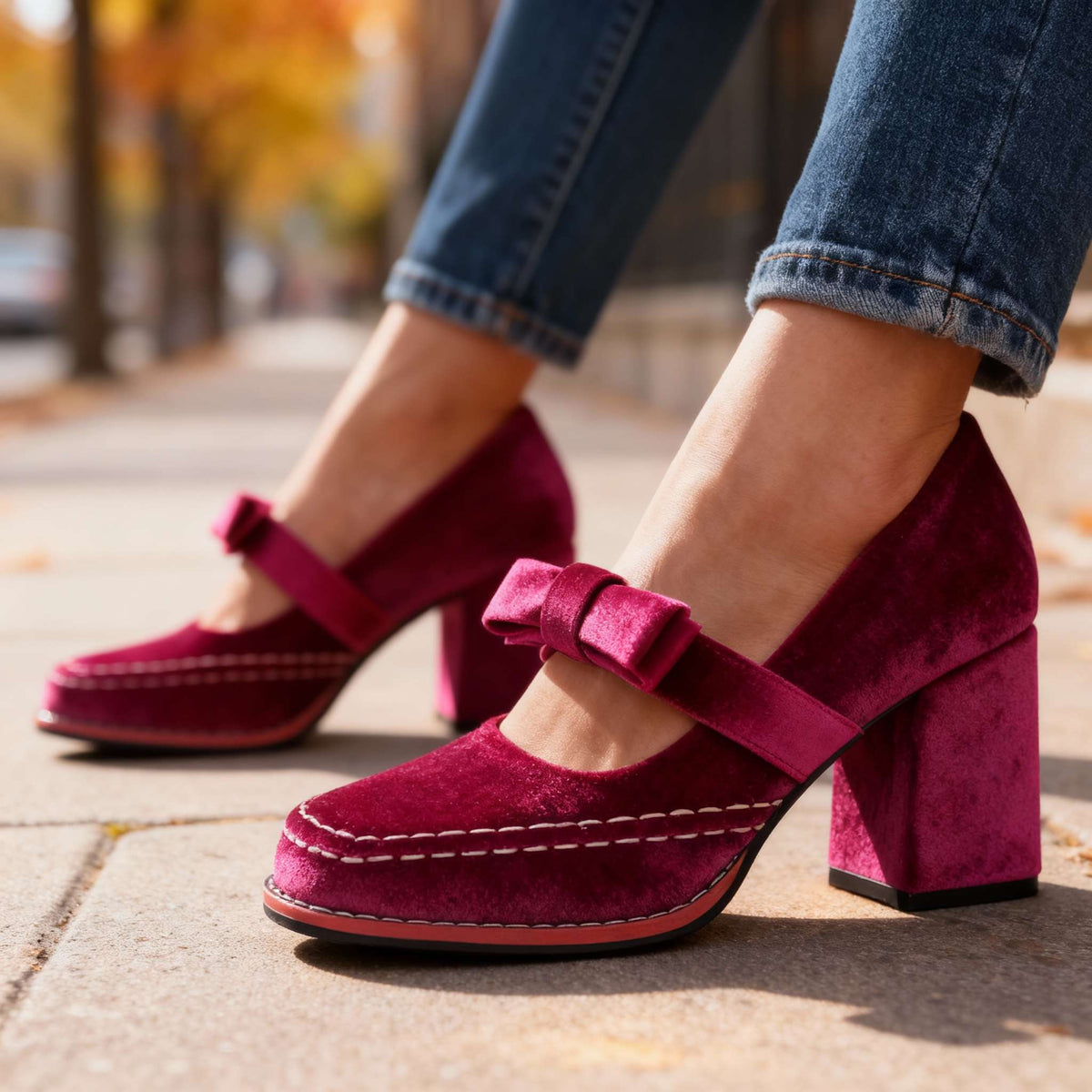 Velvet Square Toe Bow Strap Block Heel Mary Jane Pumps