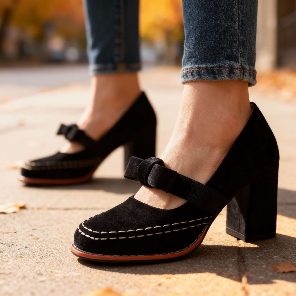 Velvet Square Toe Bow Strap Block Heel Mary Jane Pumps