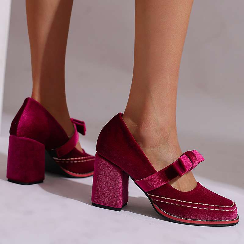 Velvet Square Toe Bow Strap Block Heel Mary Jane Pumps