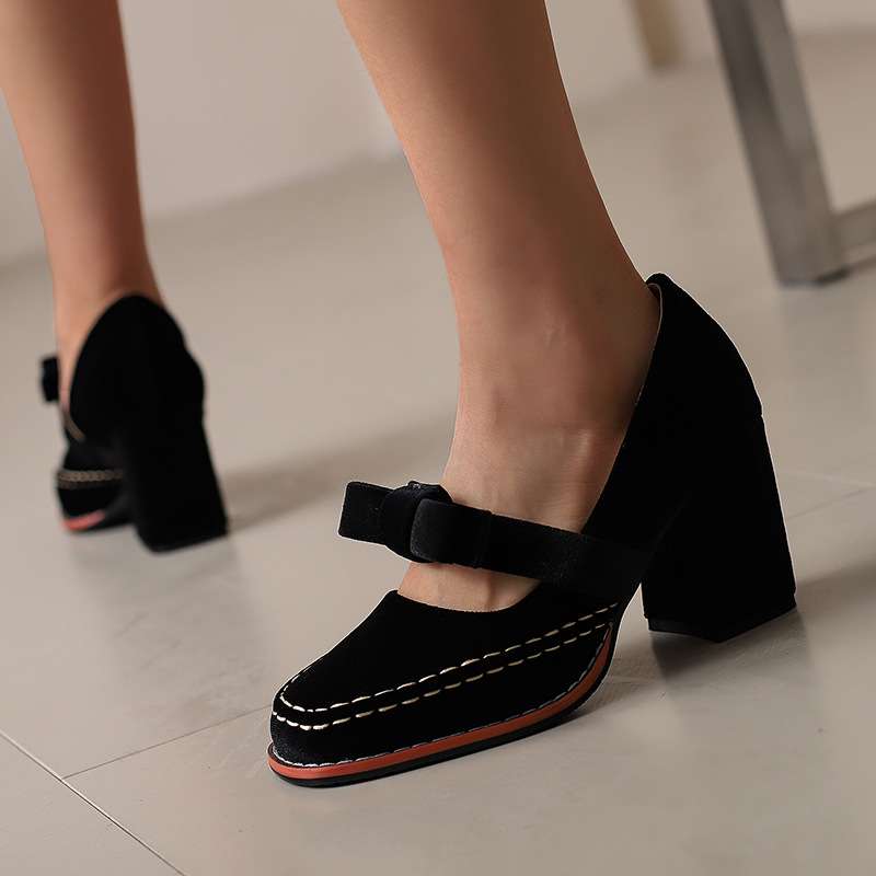 Velvet Square Toe Bow Strap Block Heel Mary Jane Pumps