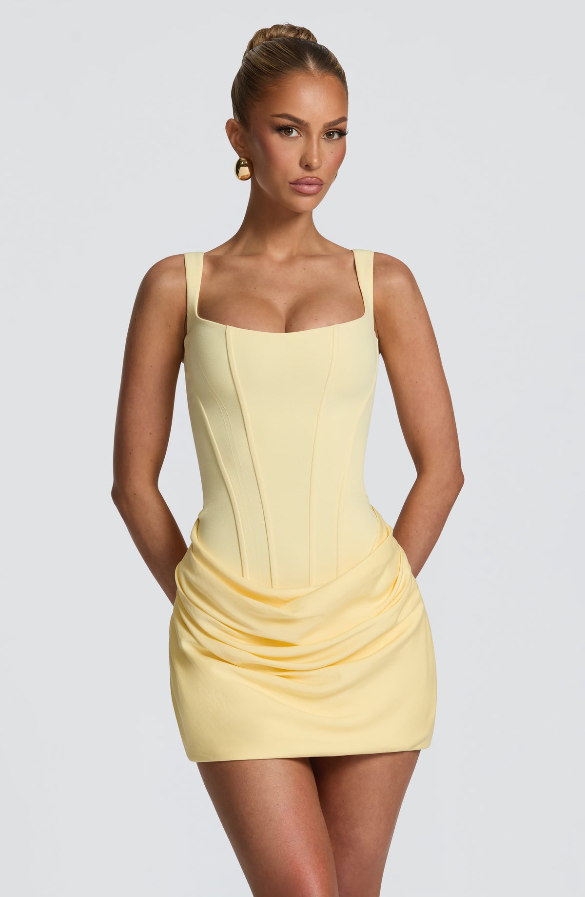 Square Neck Sleeveless Corset Bodice Draped Skirt Mini Dress