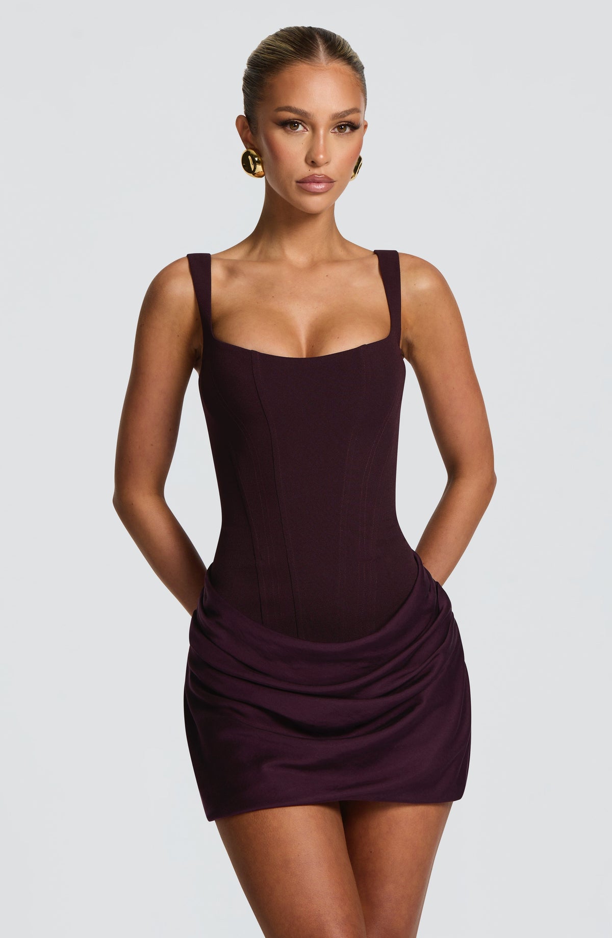 Corset Bodice Square Neck Sleeveless Draped Skirt Mini Dress