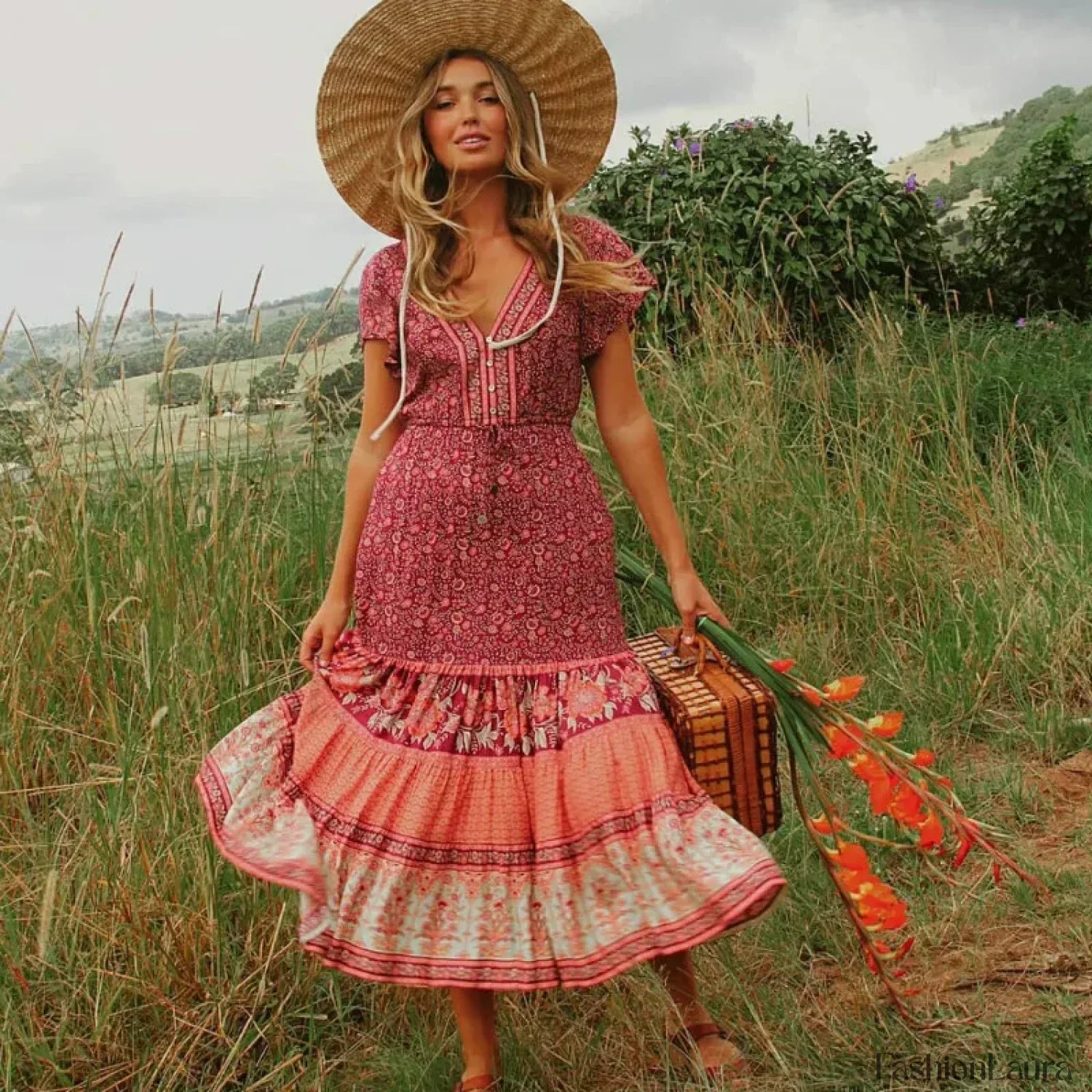 Cotton Drawstring Midi Boho Dress