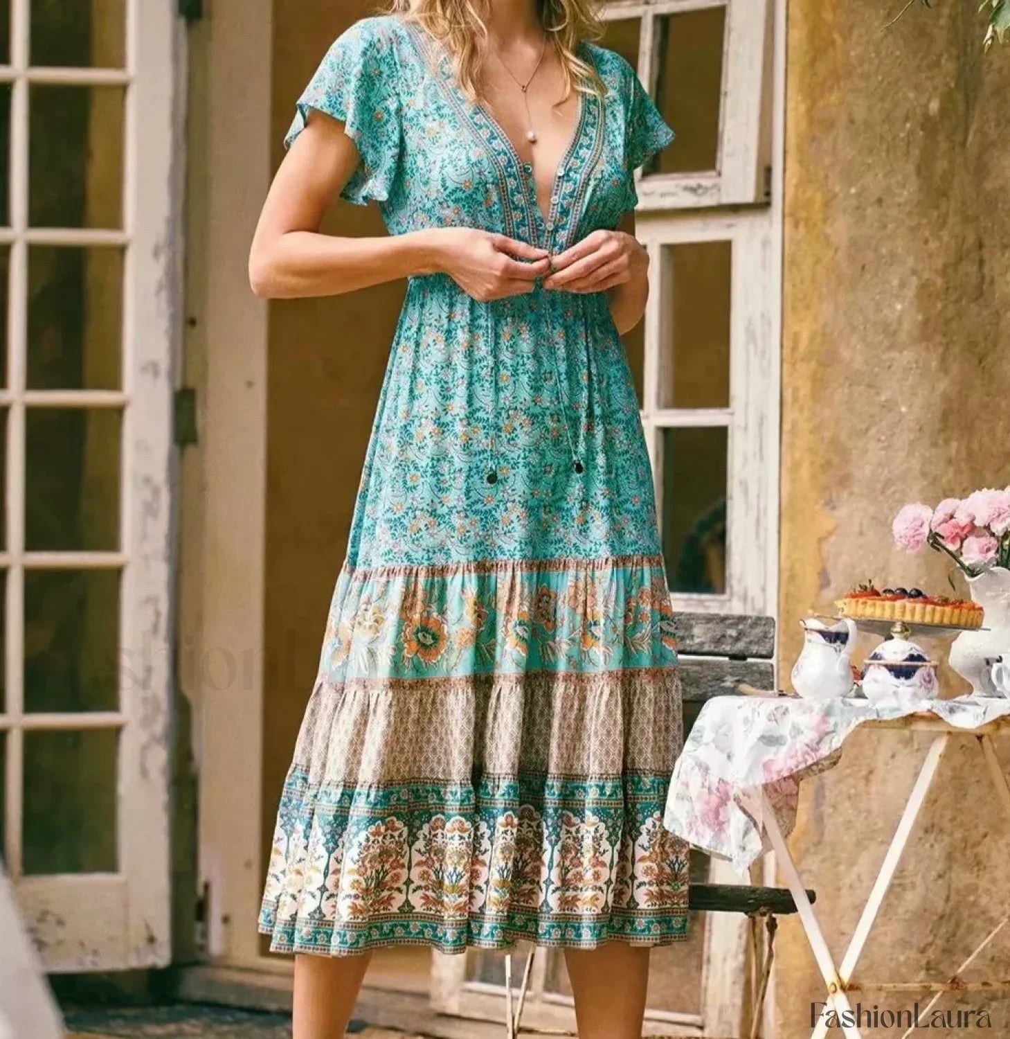 Cotton Drawstring Midi Boho Dress