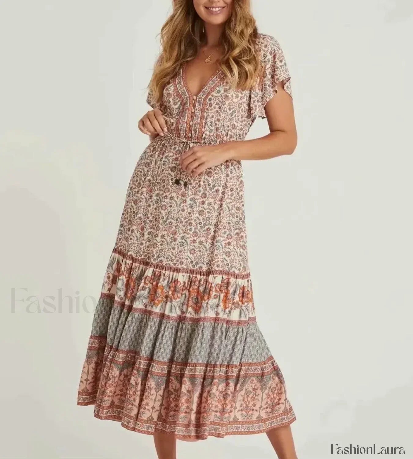 Cotton Drawstring Midi Boho Dress