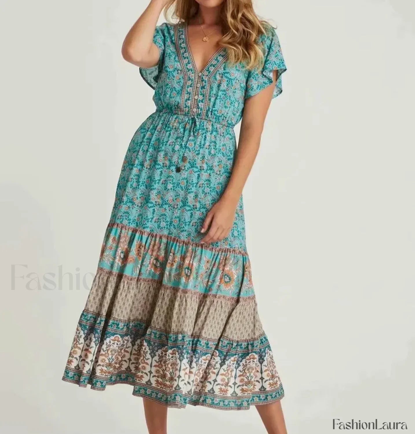 Cotton Drawstring Midi Boho Dress