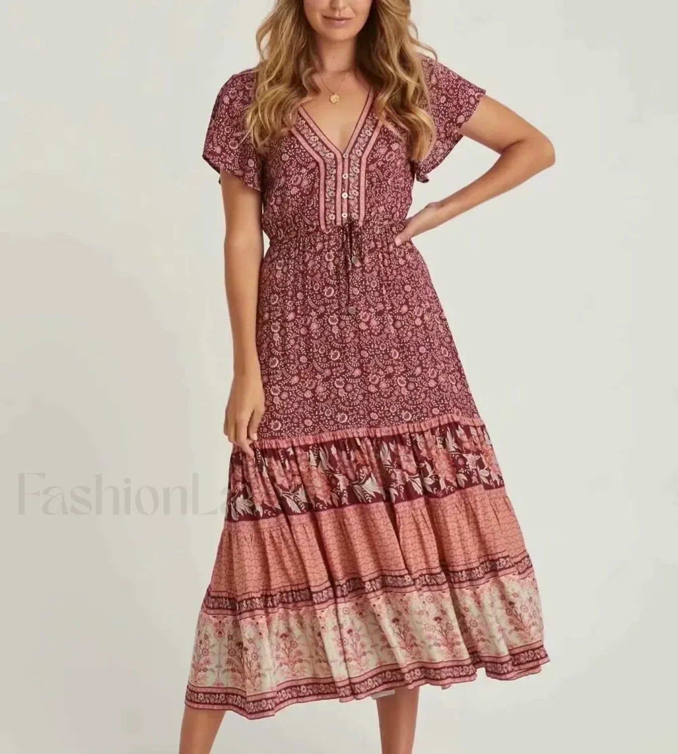 Cotton Drawstring Midi Boho Dress Red / S