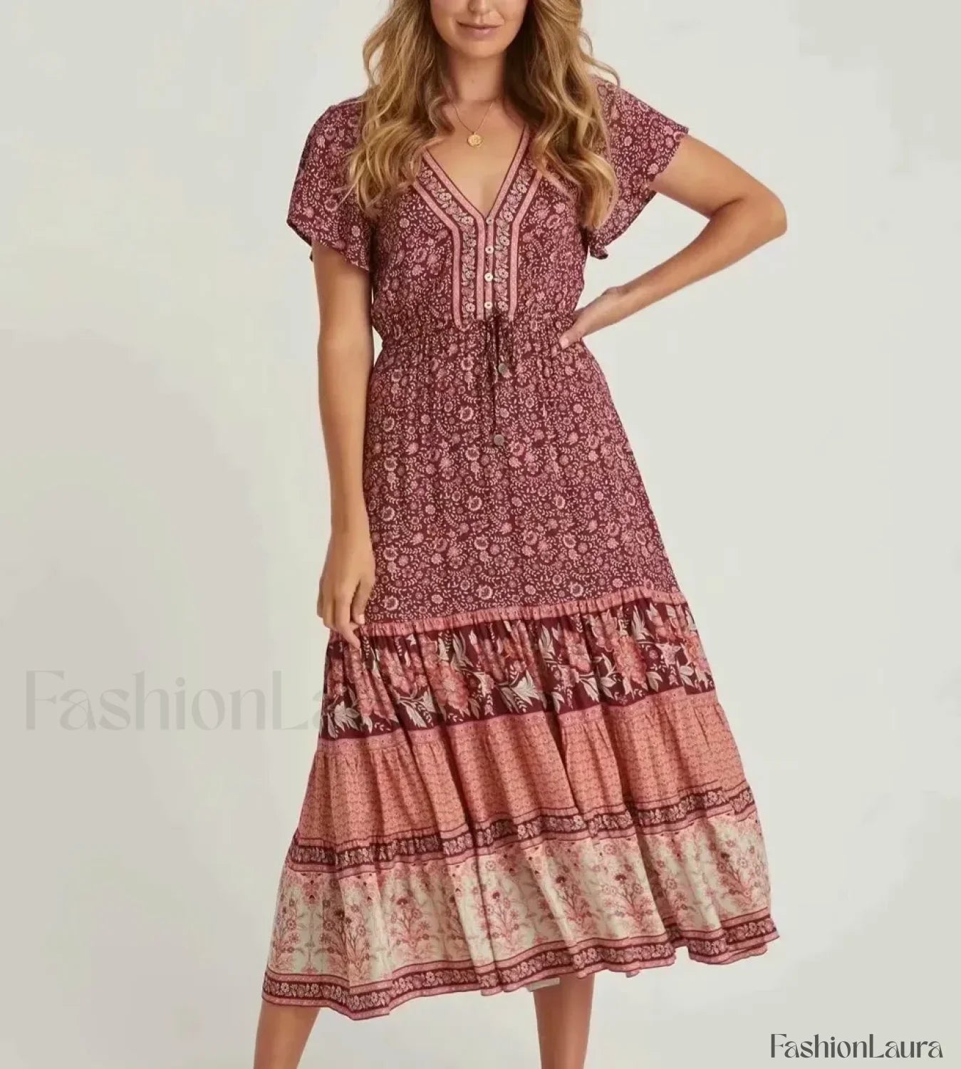 Cotton Drawstring Midi Boho Dress