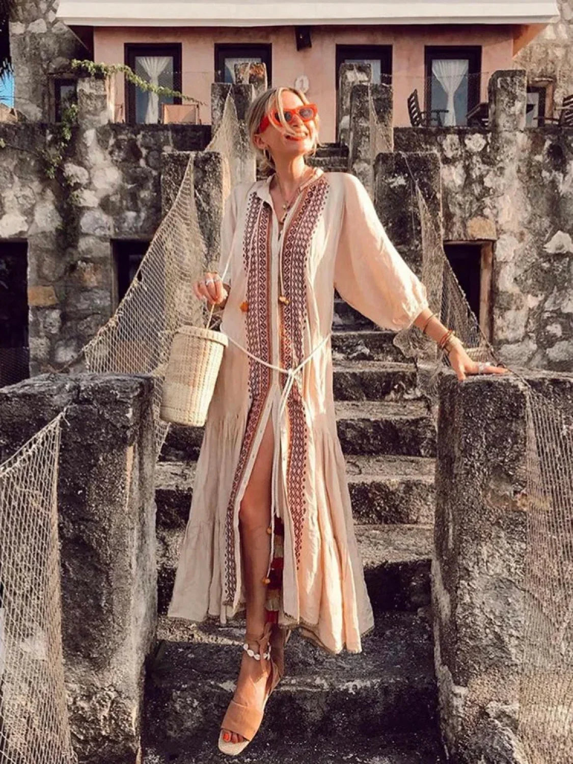 Cotton Flare-Sleeve Boho Dress