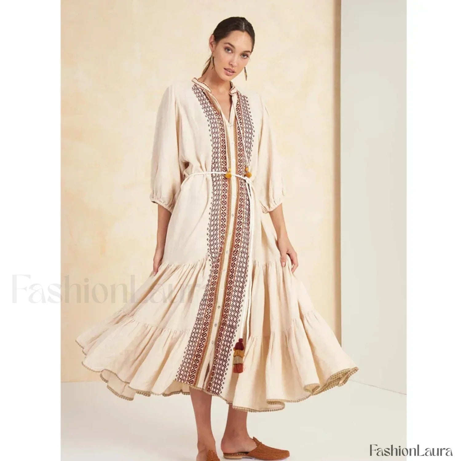 Cotton Flare-Sleeve Boho Dress