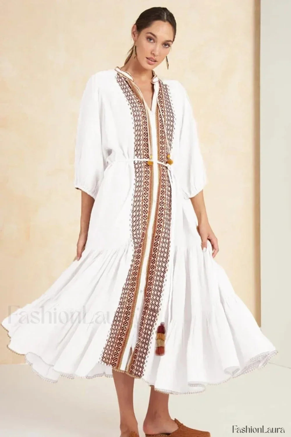 Cotton Flare-Sleeve Boho Dress