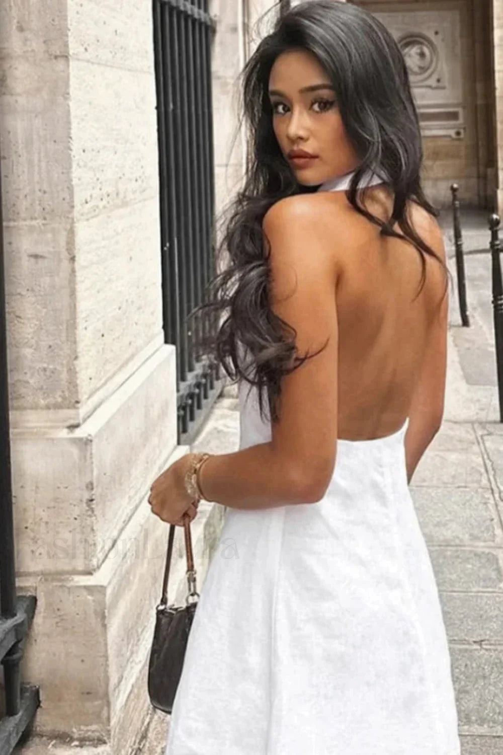 Cotton Linen Backless Sexy Neckline Mini Dress