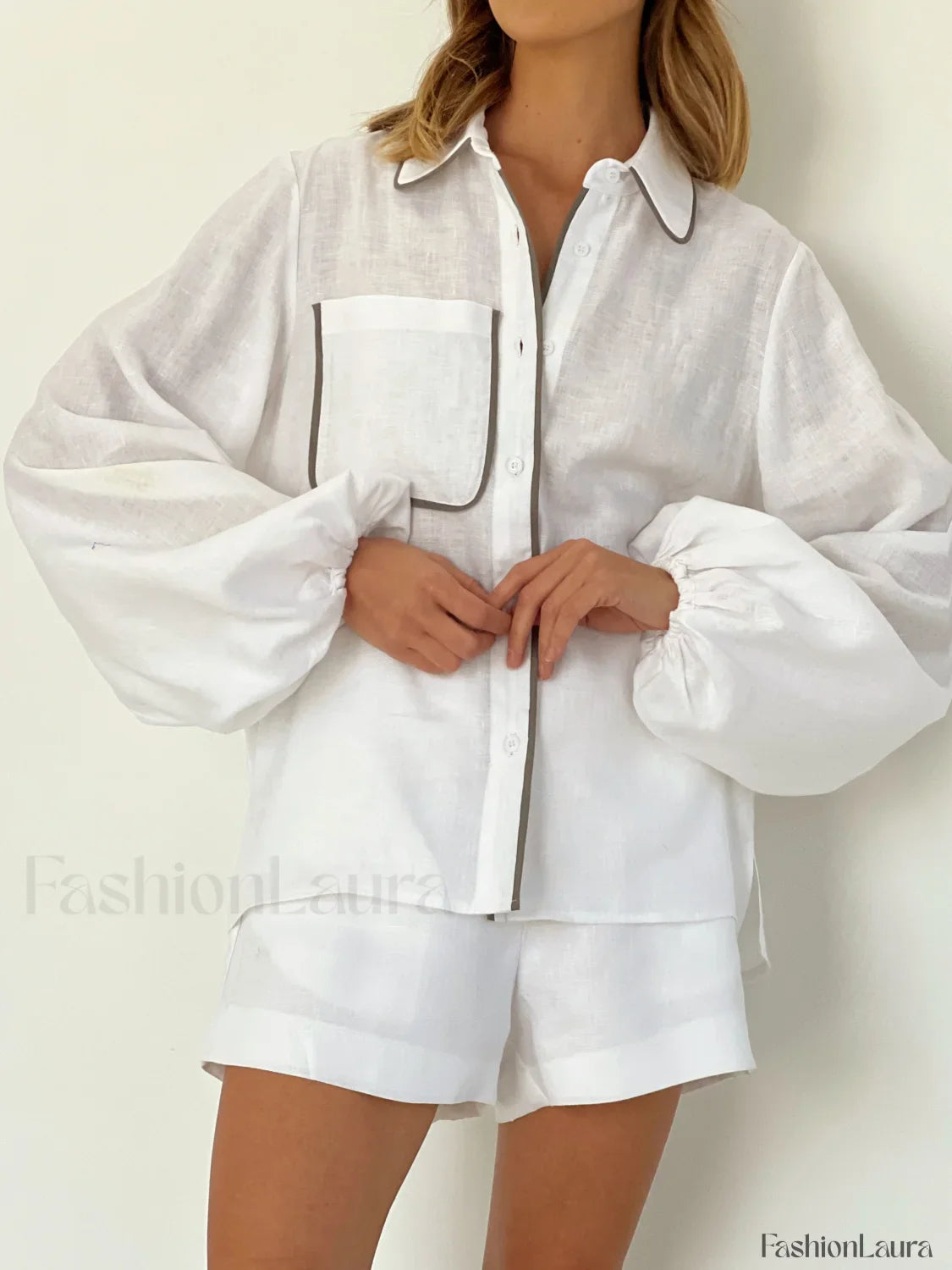 Cotton & Linen Contrast Modern Trim Two Piece Shorts Set