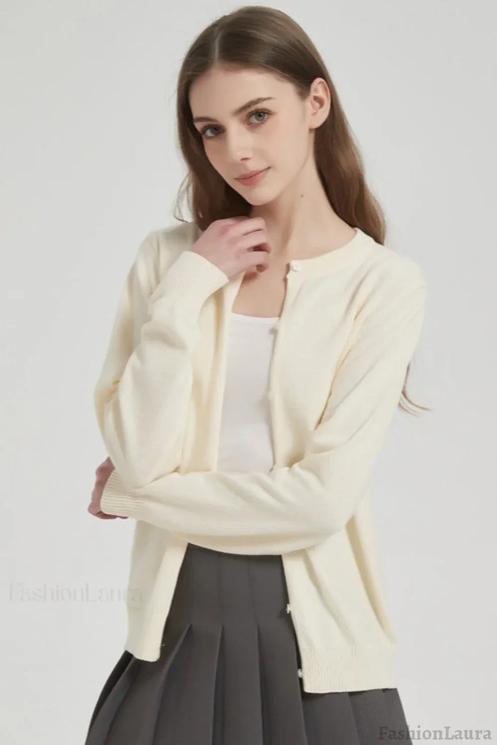 Cotton Round Neck Cardigan Beige / S