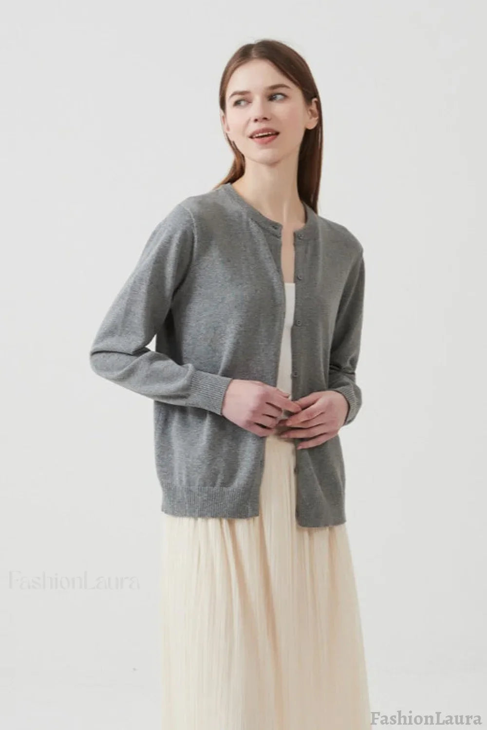 Cotton Round Neck Cardigan Grey / S