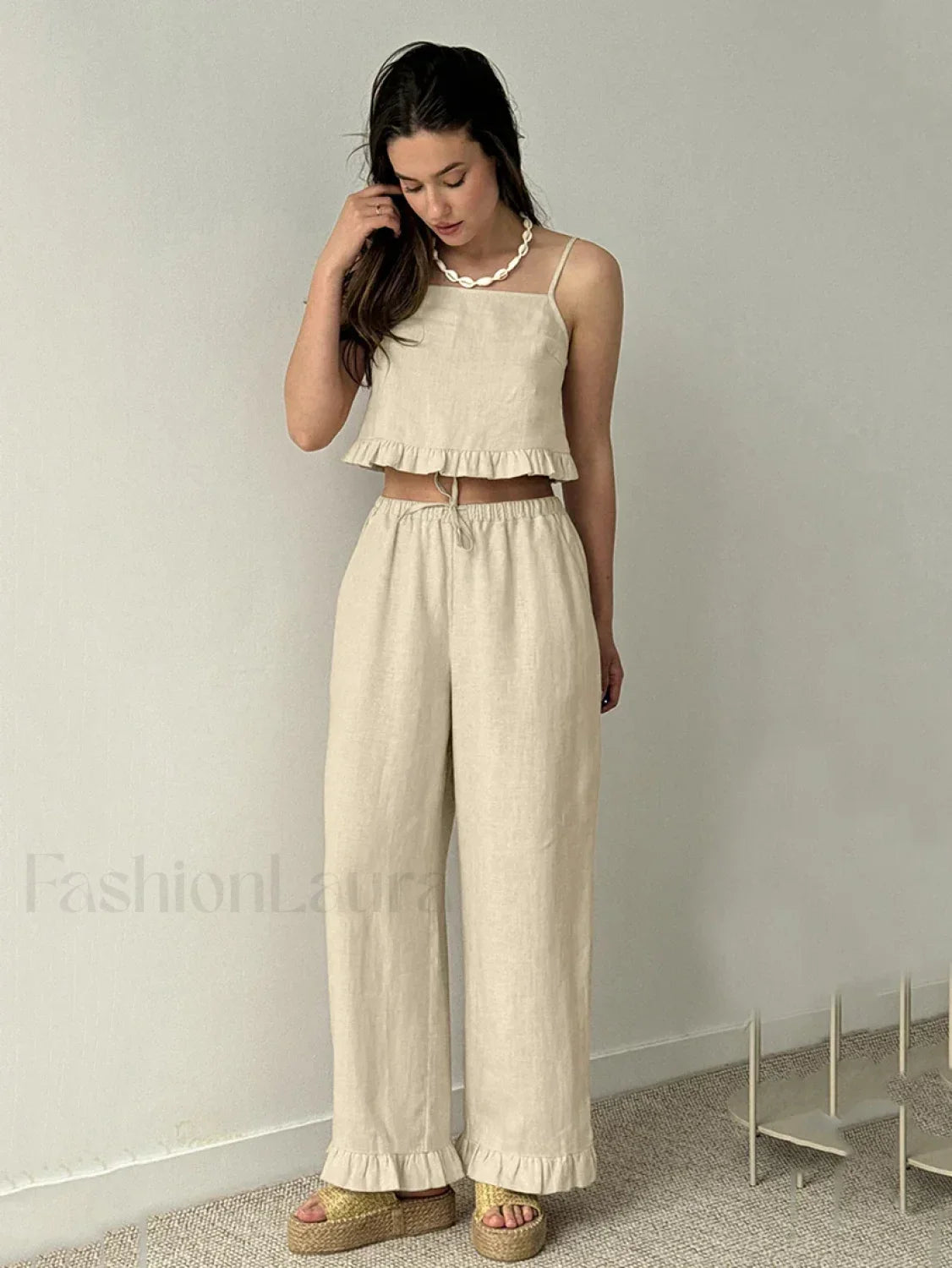 Cotton Strap Pajama Pants Two Piece Set Khaki / S