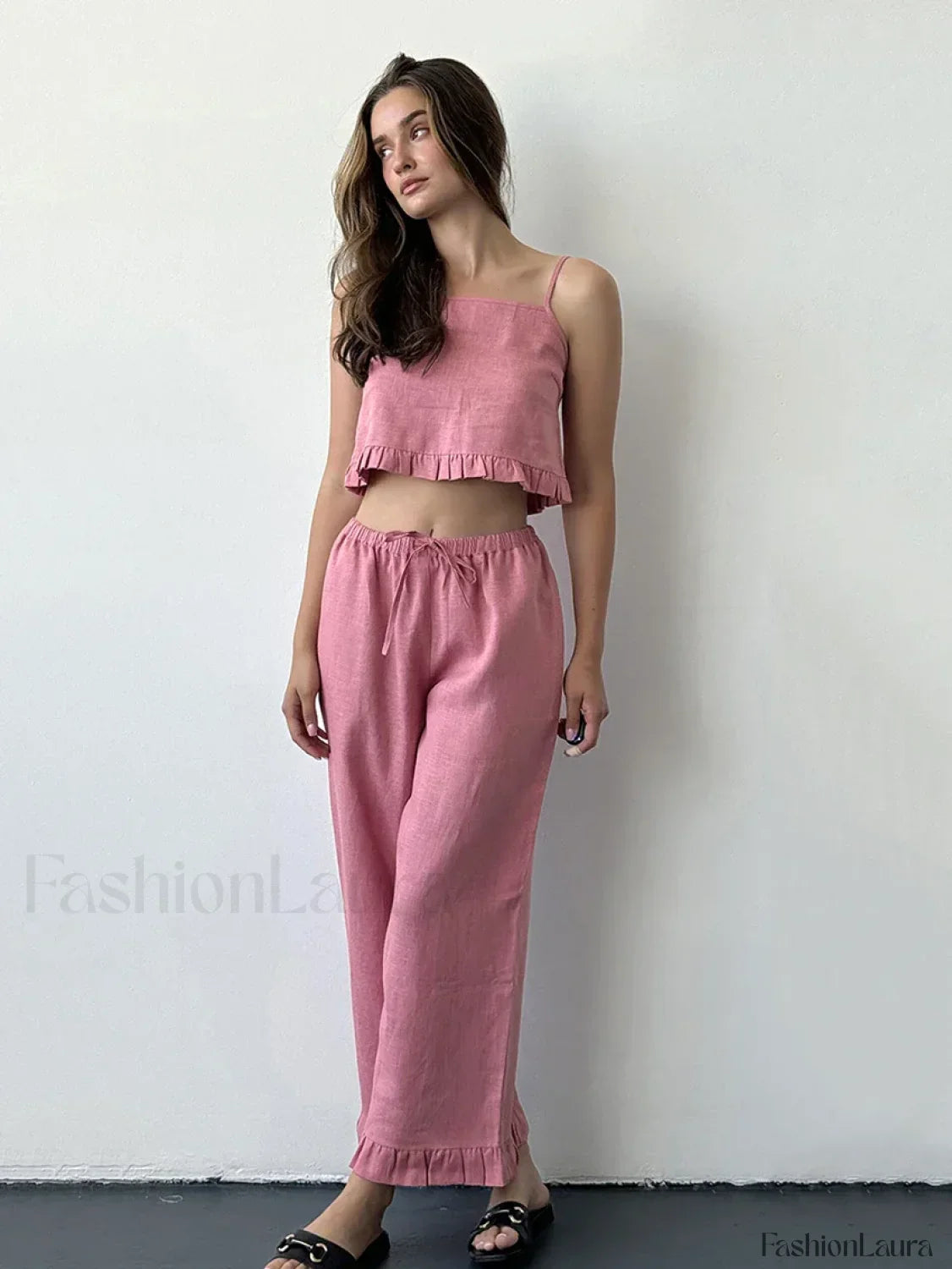 Cotton Strap Pajama Pants Two Piece Set
