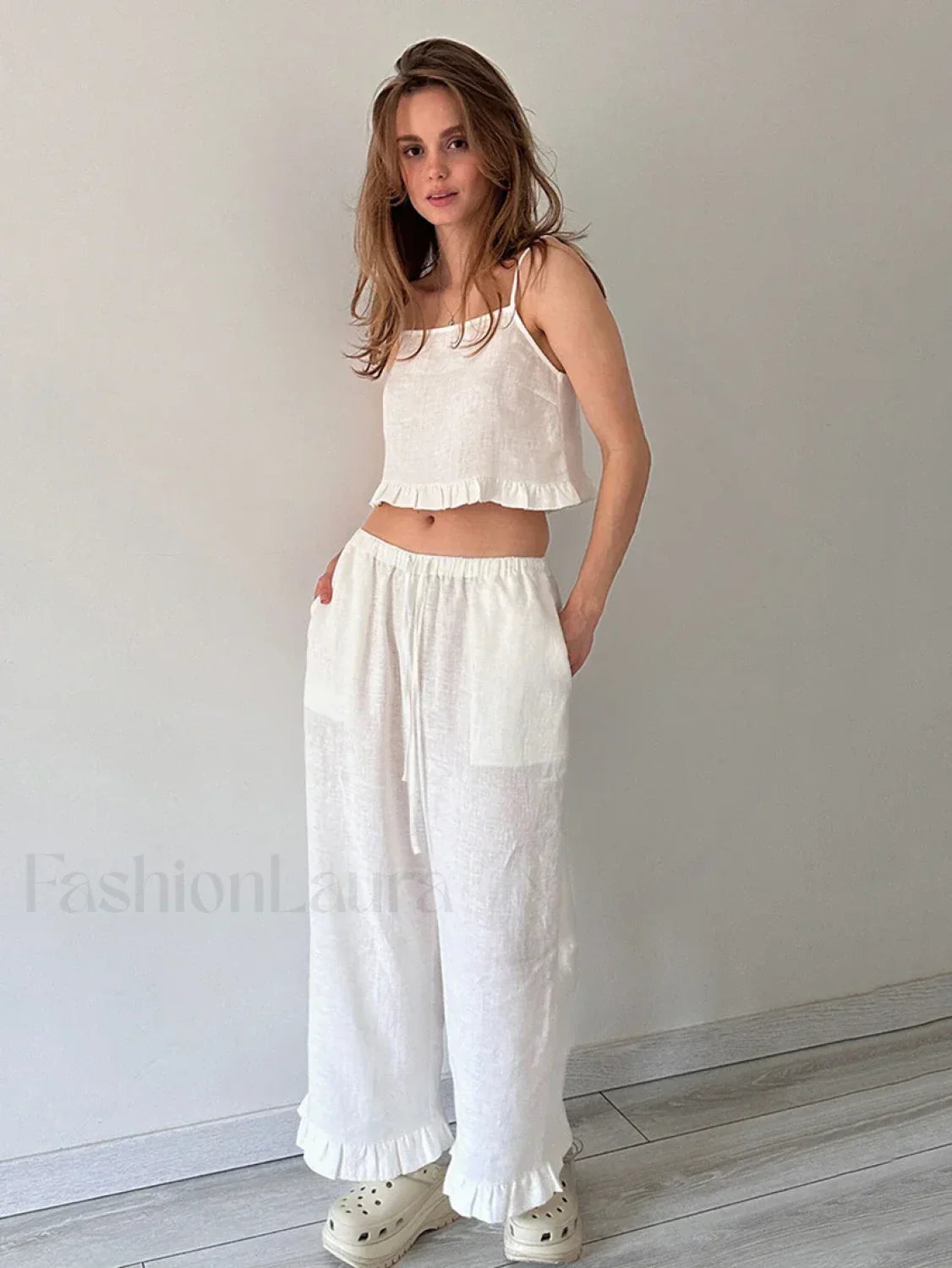 Cotton Strap Pajama Pants Two Piece Set WHITE / S