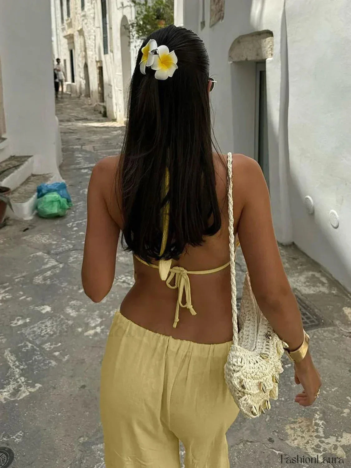 Cotton V-Neck Lace Pants Two Piece Set