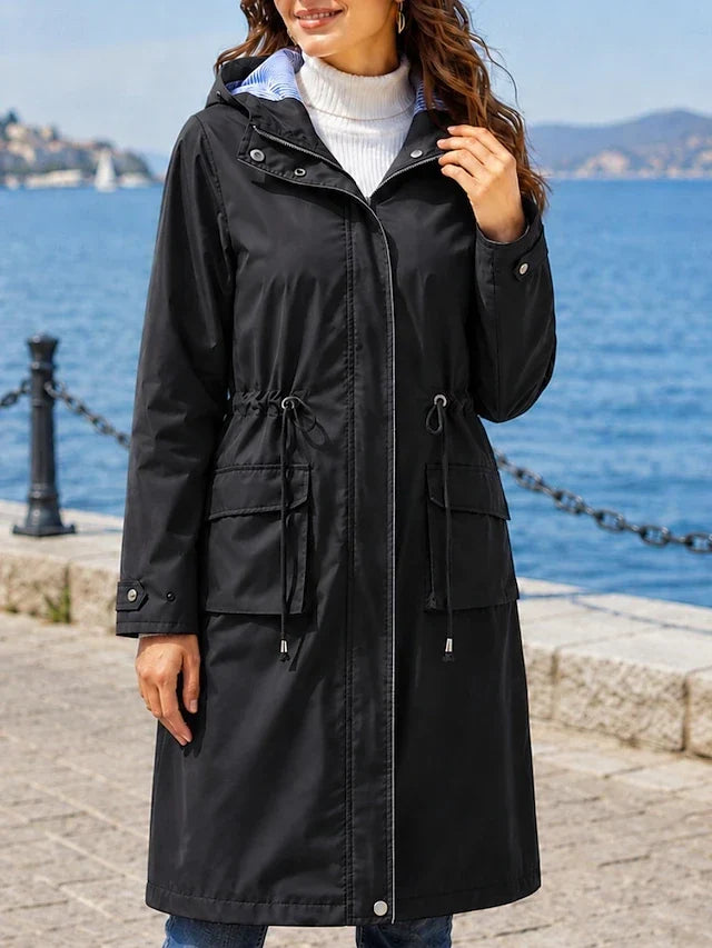 Hooded Drawstring Waist Longline Rain Jacket