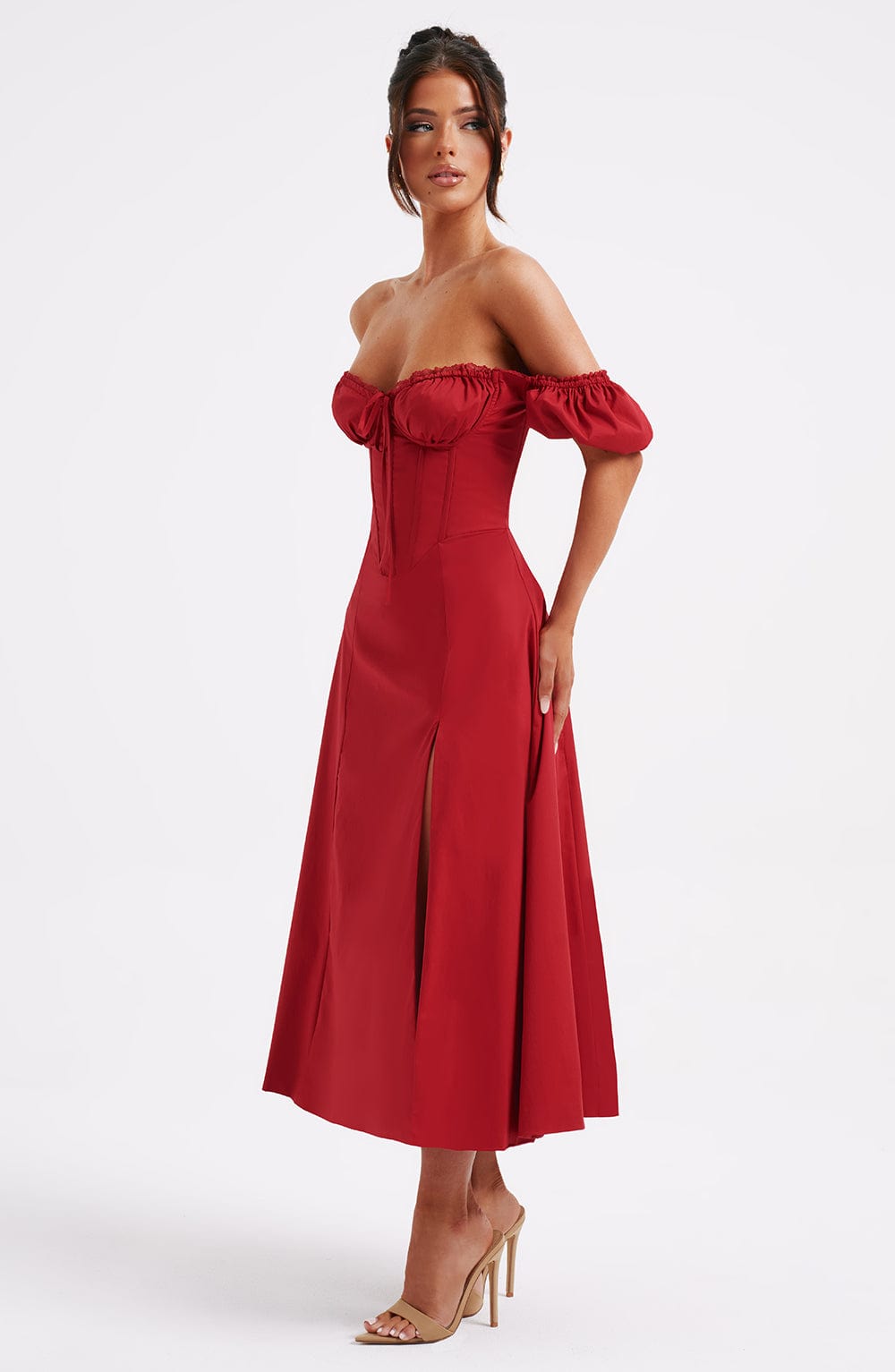 Off Shoulder Puff Sleeve Corset Bodice High Split Midi Dress 6