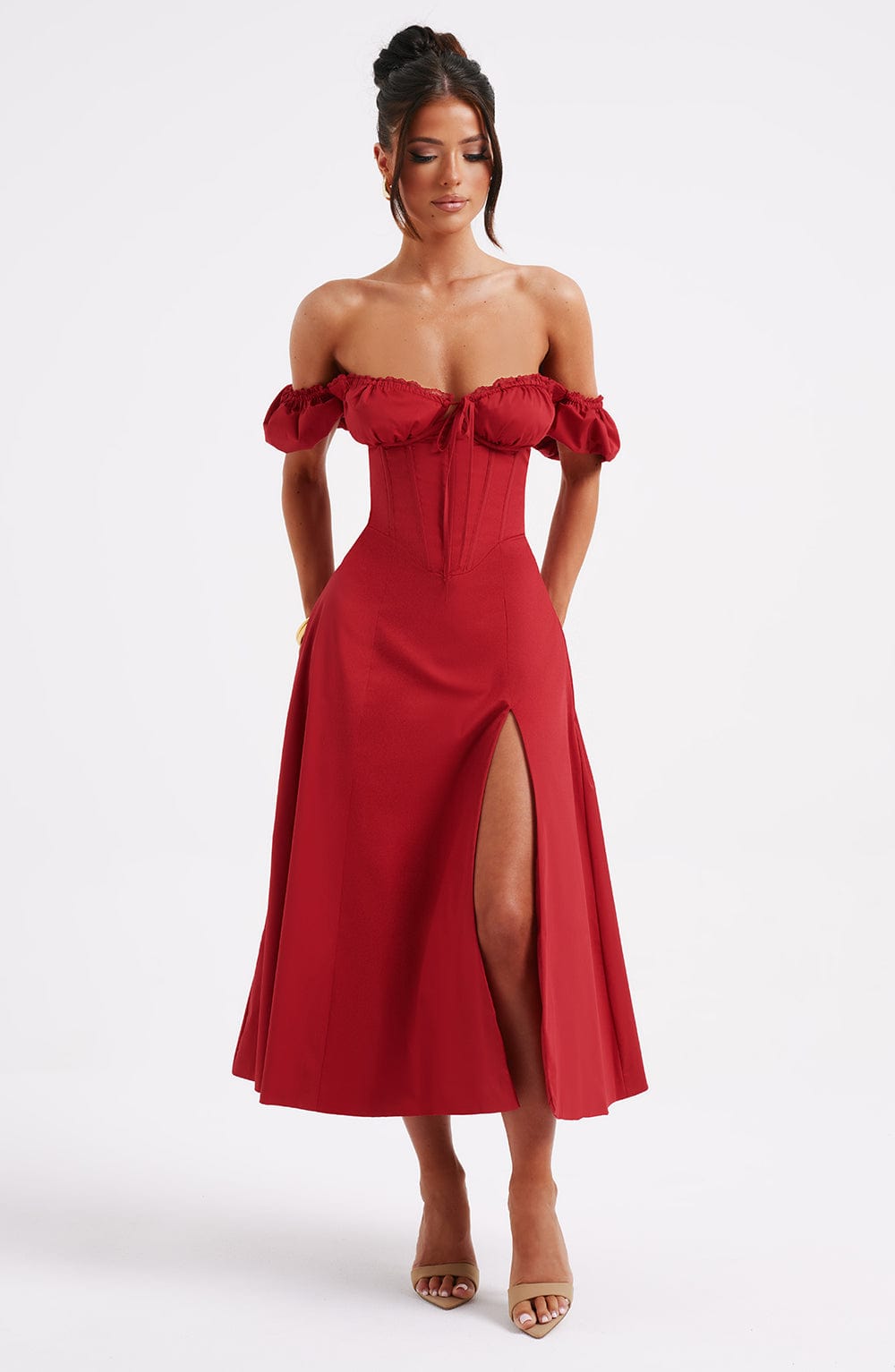 Off Shoulder Puff Sleeve Corset Bodice High Split Midi Dress 4