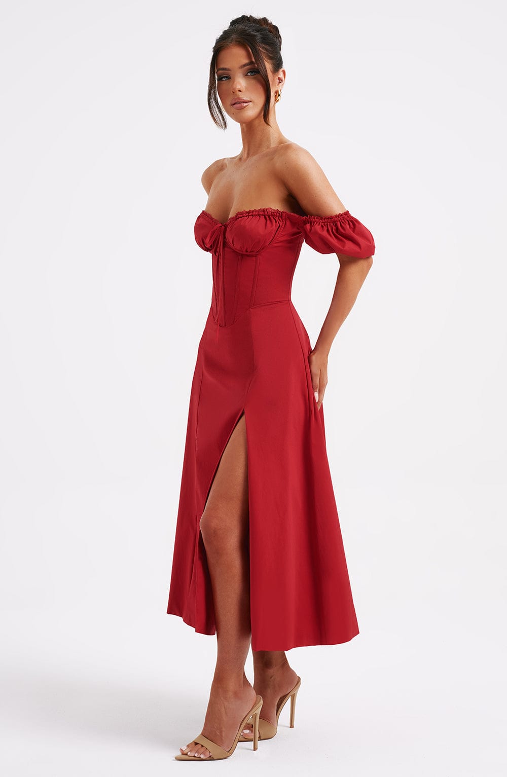 Off Shoulder Puff Sleeve Corset Bodice High Split Midi Dress 5