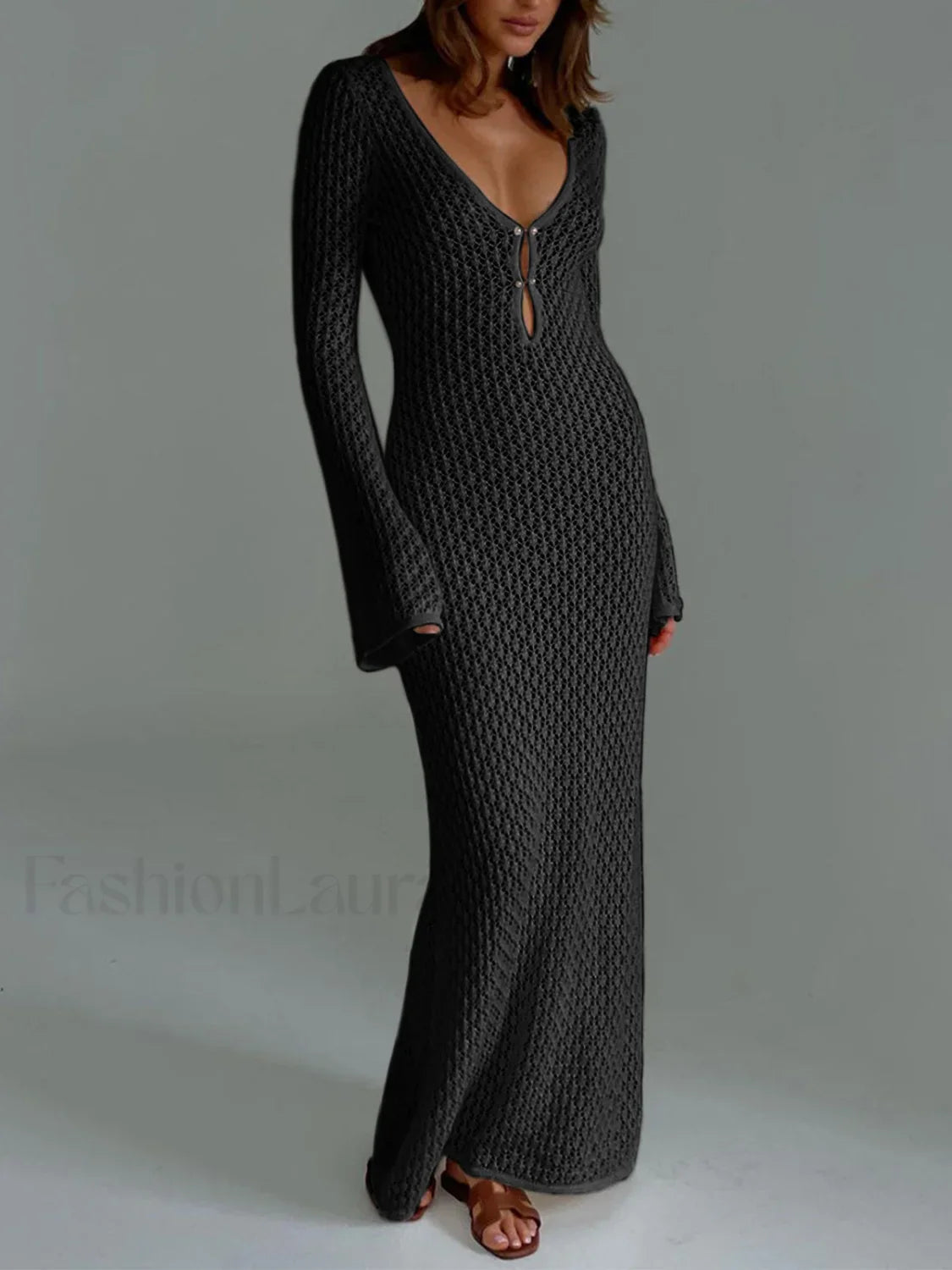 Cover Up Long Sleeve Open Back Long Dress Black / XS Sweater Dresses