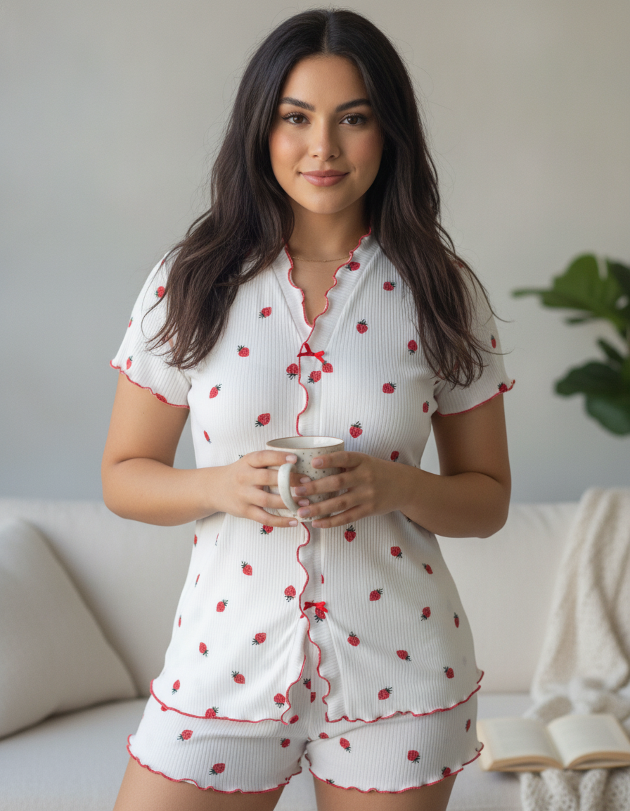 Cozy Strawberry Print Pajama Set with Stand Collar for Women