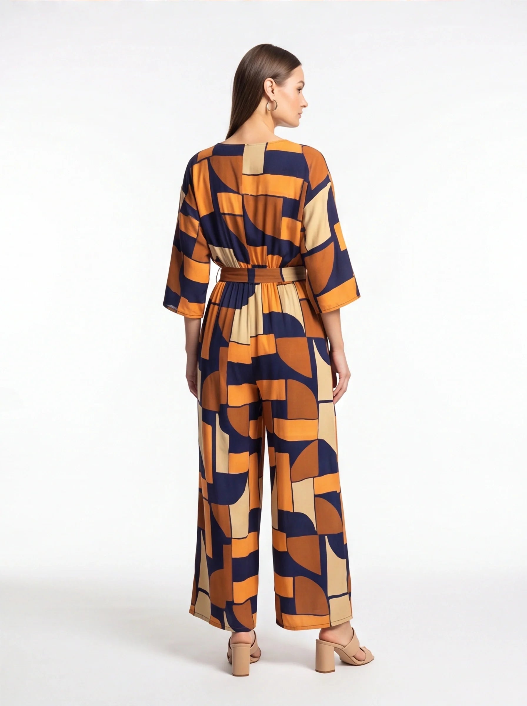 Chic Colorblock Geometric Jumpsuit with Belted Waist and Pockets