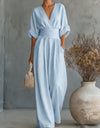 V-Neck Batwing Sleeve Ruched Waist Wide Leg Jumpsuit