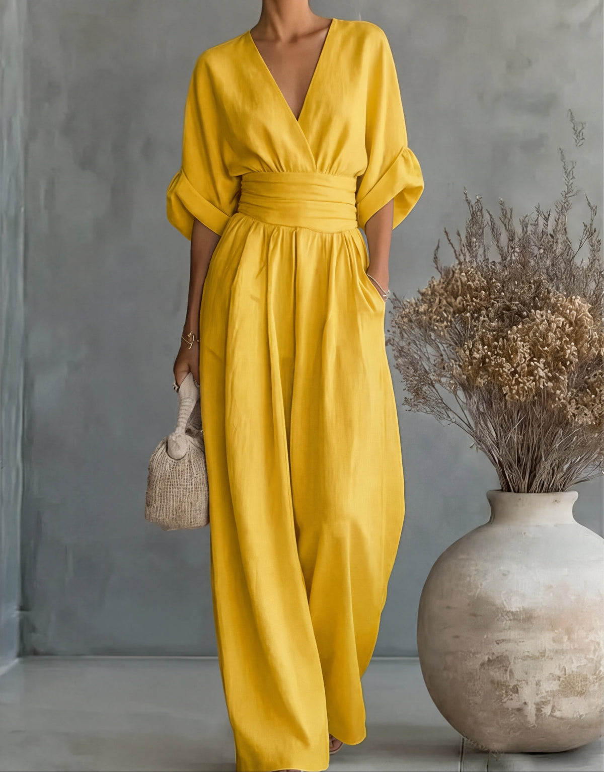 V-Neck Batwing Sleeve Ruched Waist Wide Leg Jumpsuit