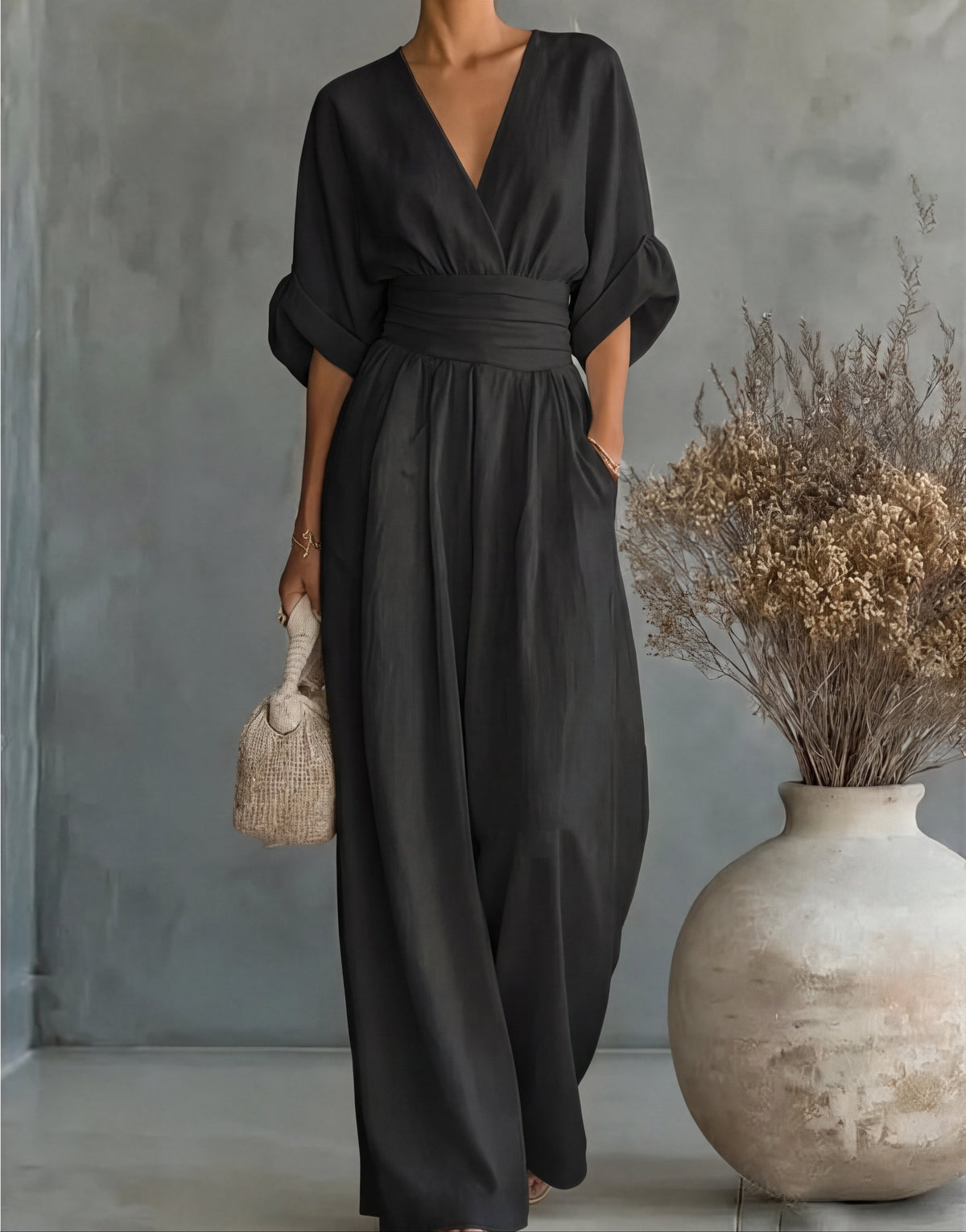 V-Neck Batwing Sleeve Ruched Waist Wide Leg Jumpsuit